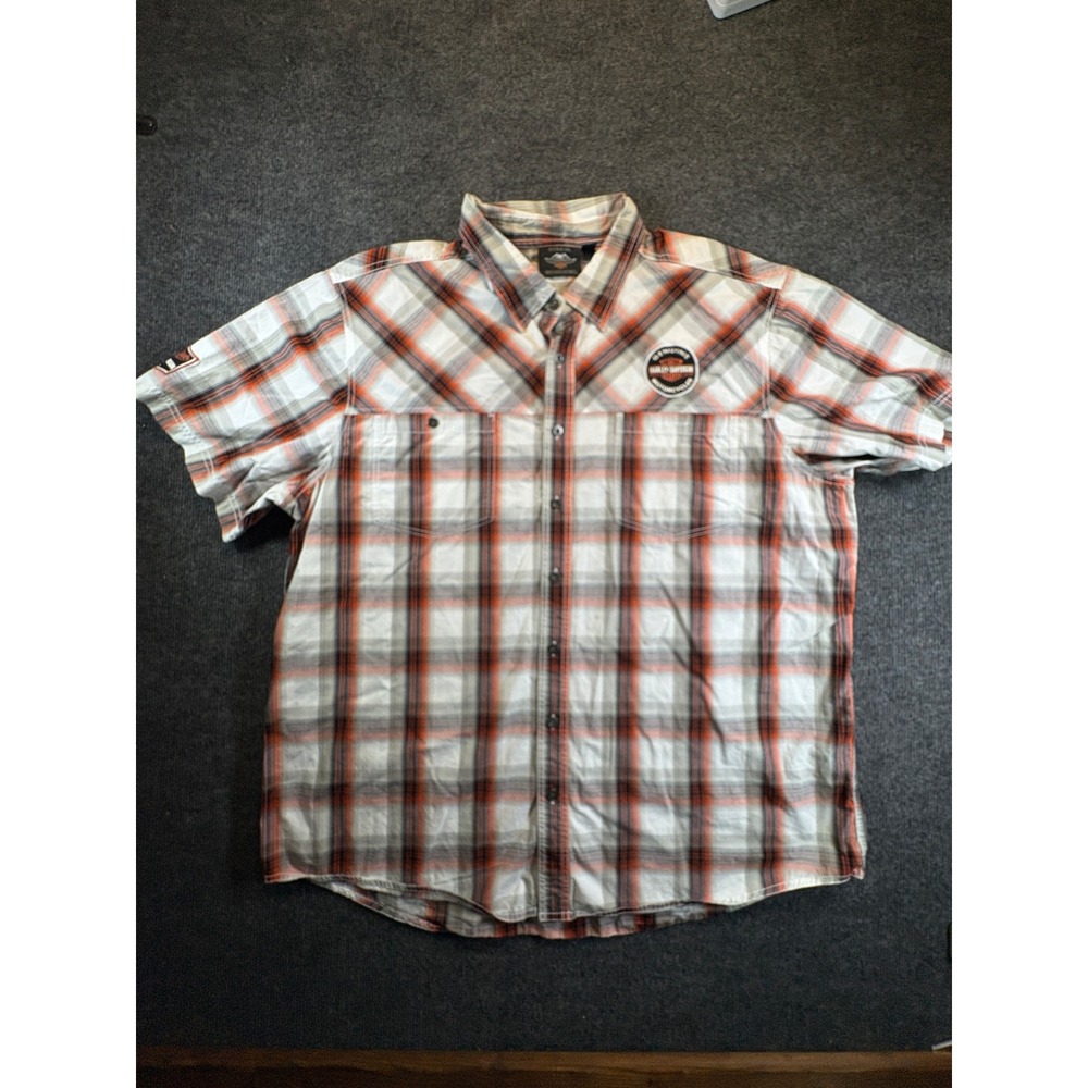 Harley-Davidson Mens 3XL Plaid Short Sleeve Button Down Shirt Orange Grey Biker